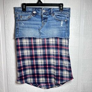 Denim and Plaid Women Skirt up cycle handmade raw hem distressed